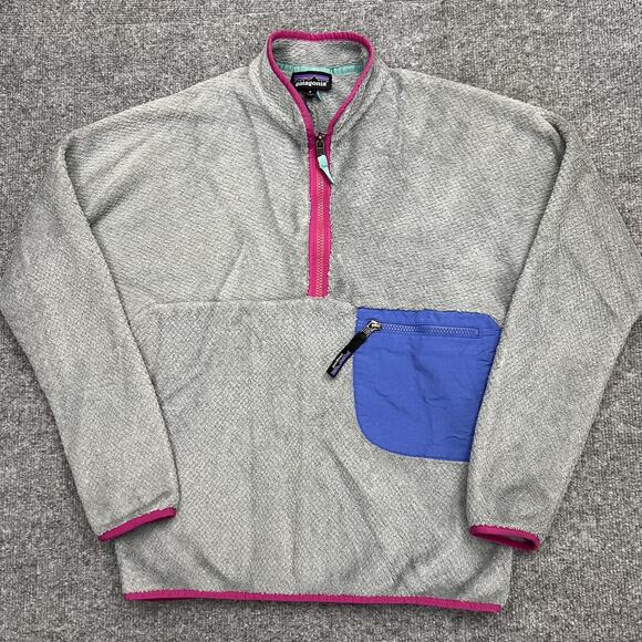 Patagonia Sweater Womens Small Gray Pink Fleece Quarter Zip Pullover Pocket - Picture 1 of 11